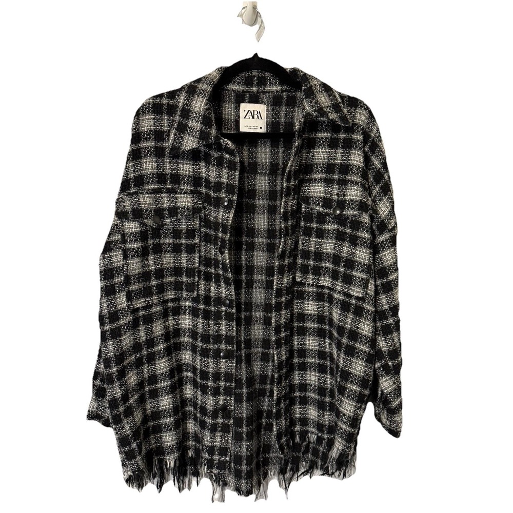 ZARA Womens Sz S Grunge Plaid Tweed Shacket‎ Oversized Black White Dark Academia